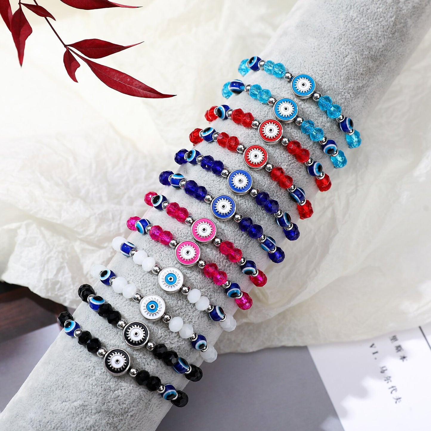 12 Pieces Colorful Crystal Evil Eye Beaded Charms Bracelets for Women Adjustable Beads Anklets Child Girl Wristband Cuff Jewelry