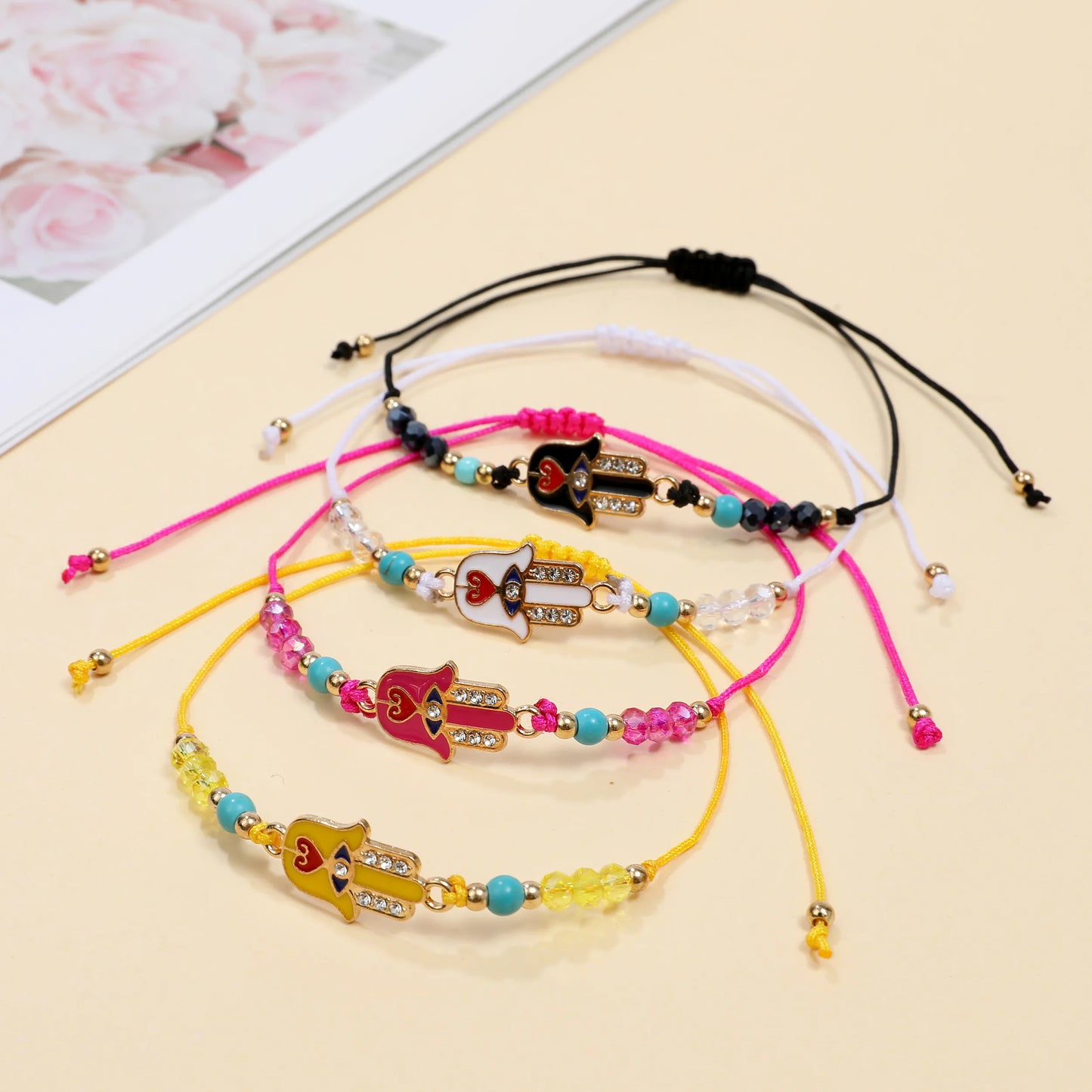 12pcs Colorful Crystal Beads Bracelet Women Braided Adjustable Rope Chain Fatima Hand Summer Anklet Jewelry Foot Leg Chain