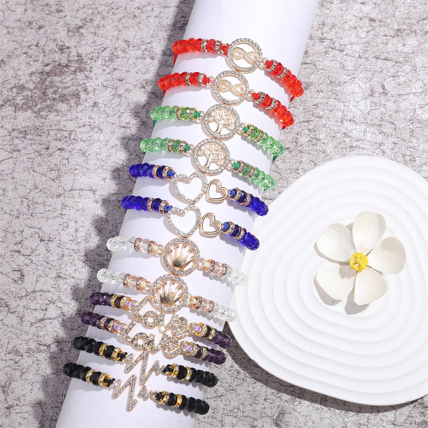 12 Pieces Crystal Tree of Life Infinite Love Charms Bracelet for Women Adjustable Hand Woven Heart Bracelets Anklets Jewelry