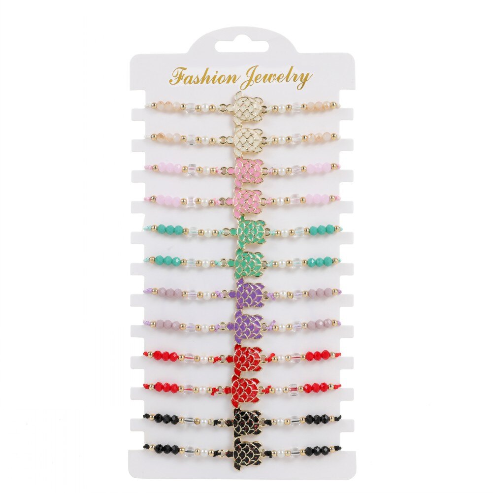12pcs Bohemian Crystal Beaded Turtle Charms Bracelet Adjustable Rope Chain Bracelet for Women Girls Cuff Jewelry