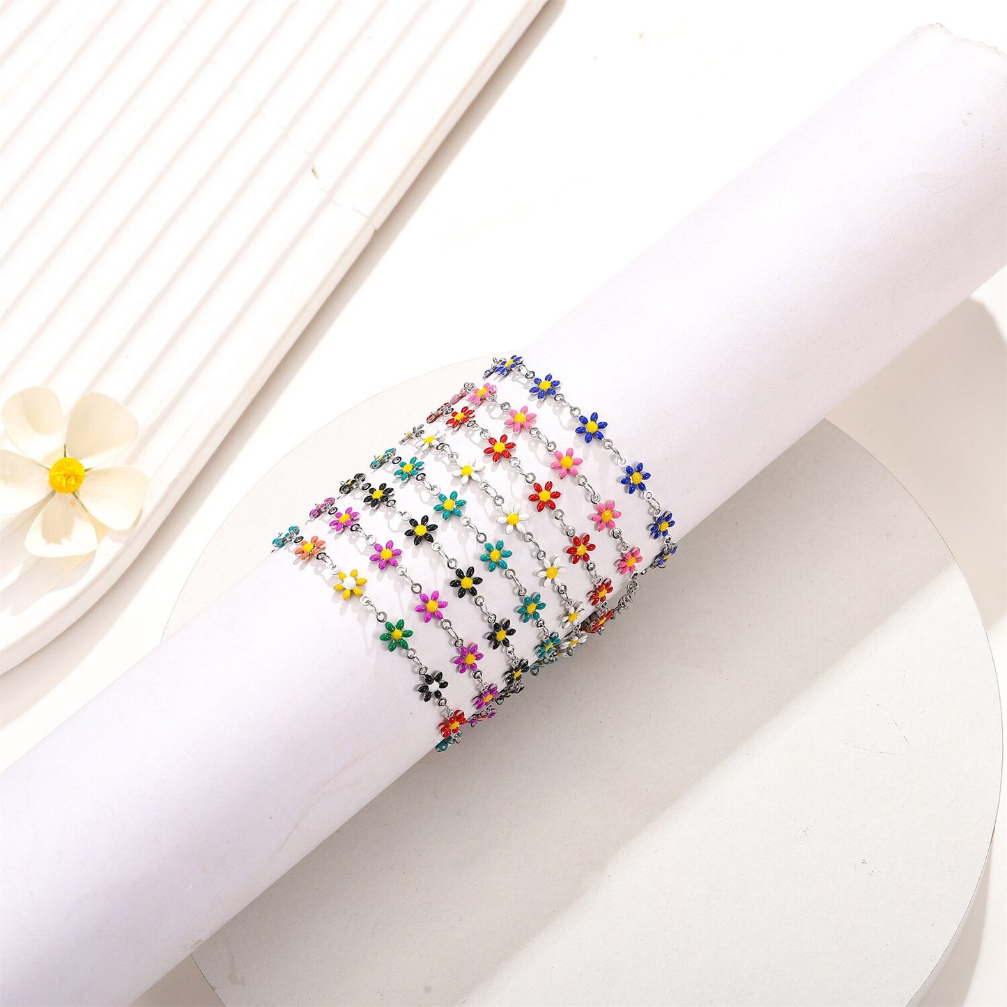Stainless Steel Color Drip Blossom Flower Pendant Bracelet Aesthetic Jewelry for Women Minimalist Adjustable Chain Bangle Ankles