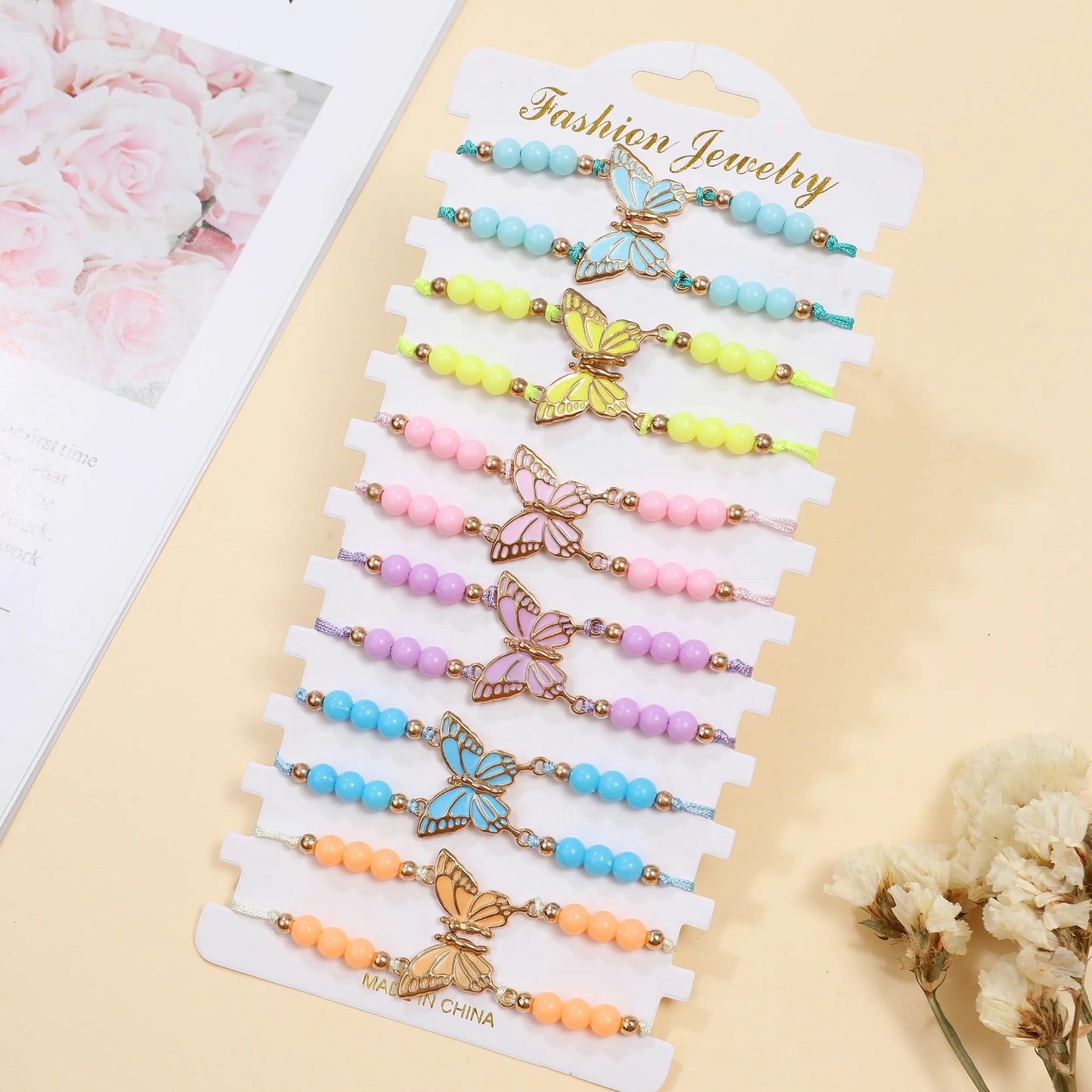 12pcs Color Painted Oil Butterfly Pendant Friendship Woven Bracelet for Women Men Adjustable Hand Woven Couple Jewelry