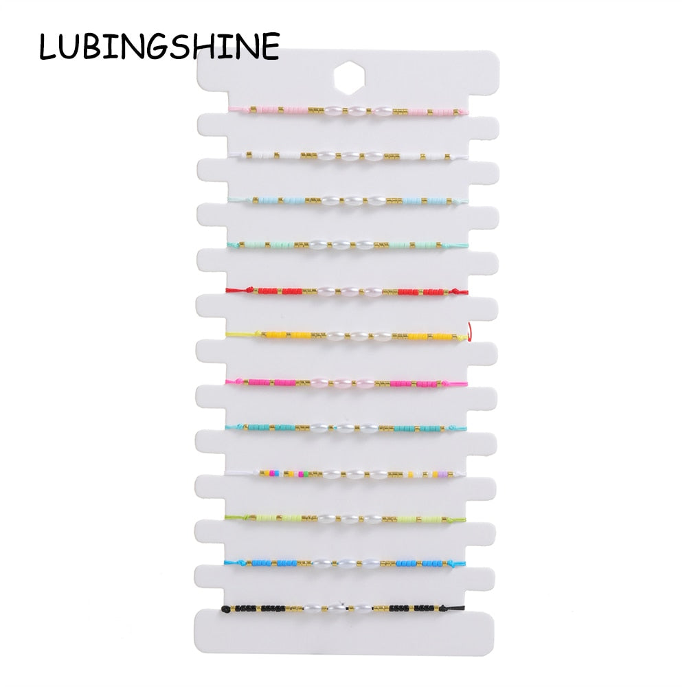 Boho 12pcs Seeds Bead Pearl Bracelet for Women Men Summer Surf Anklet Adjustable Hand Braided Wax Rope Chain Bracelets