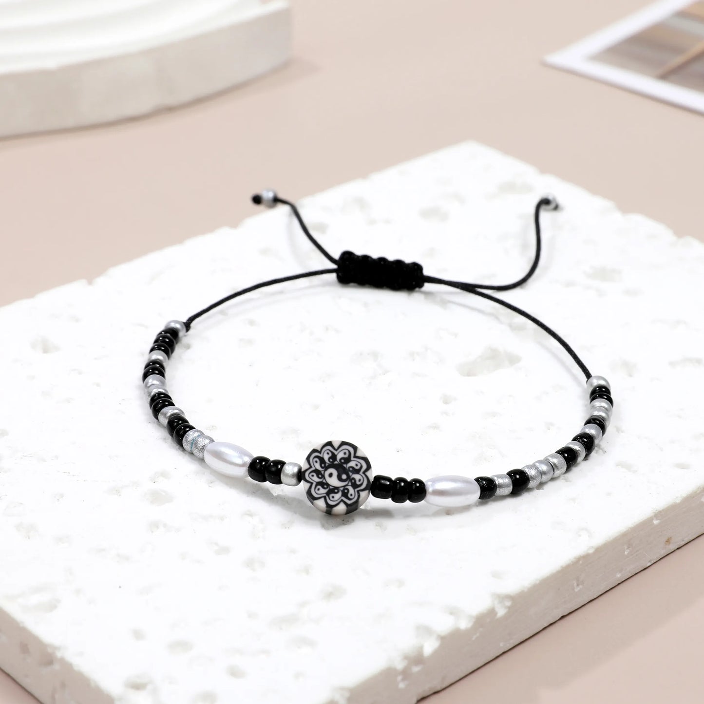 12pcs Crystal Beaded Yin and Yang Tai Chi Pendant Flowers Bracelet for Men Women Adjustable Couple Bracelets Anklets