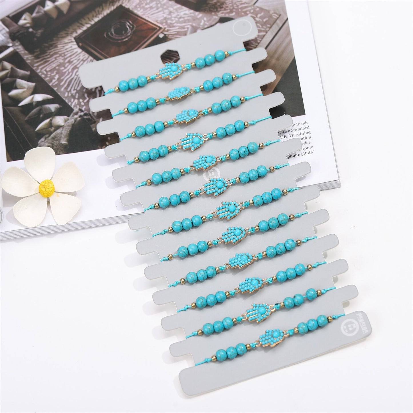 12pcs/set Green Natural Stone Turtle Charms Braided Bracelet Women Fatima Hand Adjustable Rope Chain Yoga Anklet Jewelry