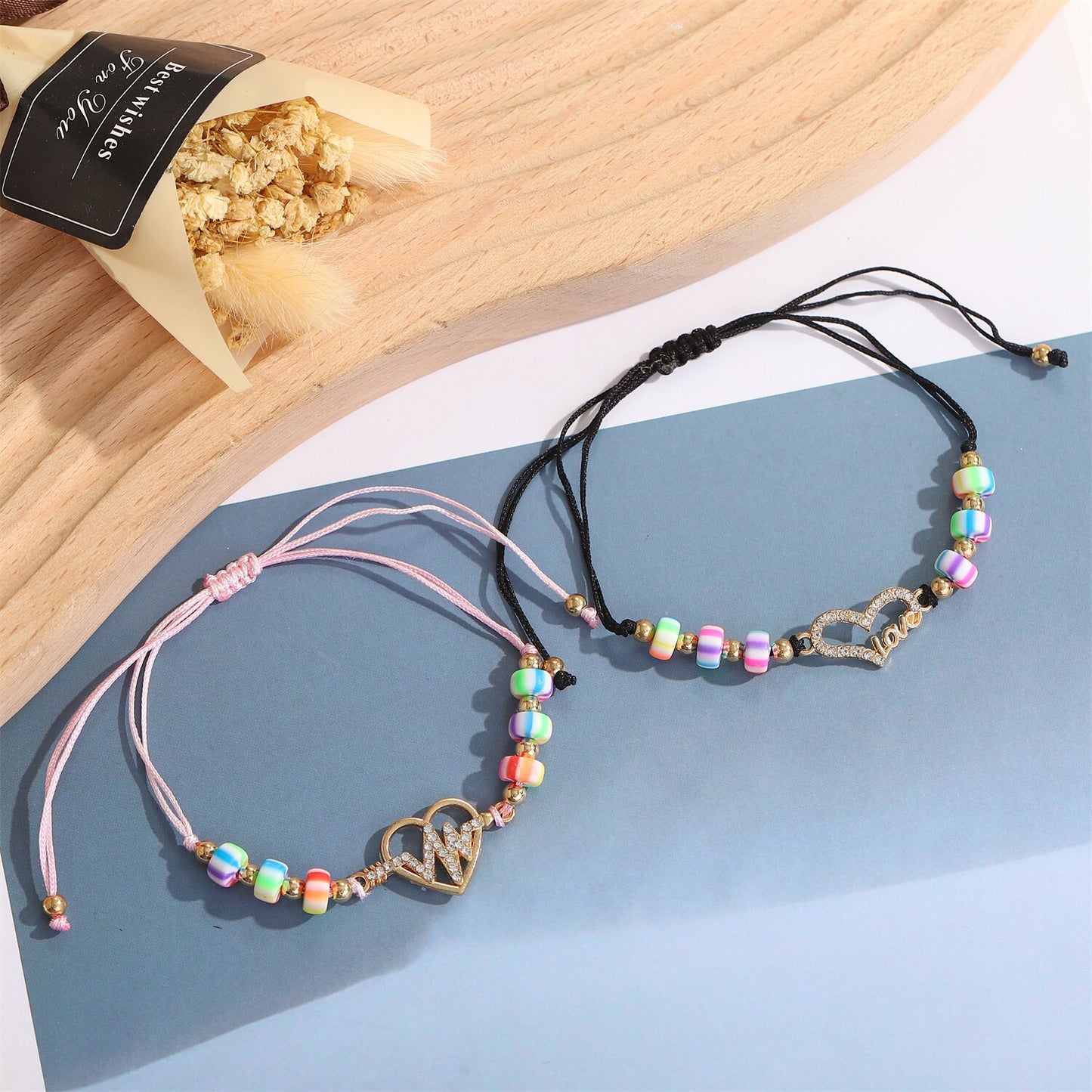 12pcs/set Candy Color Acrylic Beads Heart Charm Adjustable Bracelets Set for Women Braided Rope Wristband Yoga Anklet Jewelry