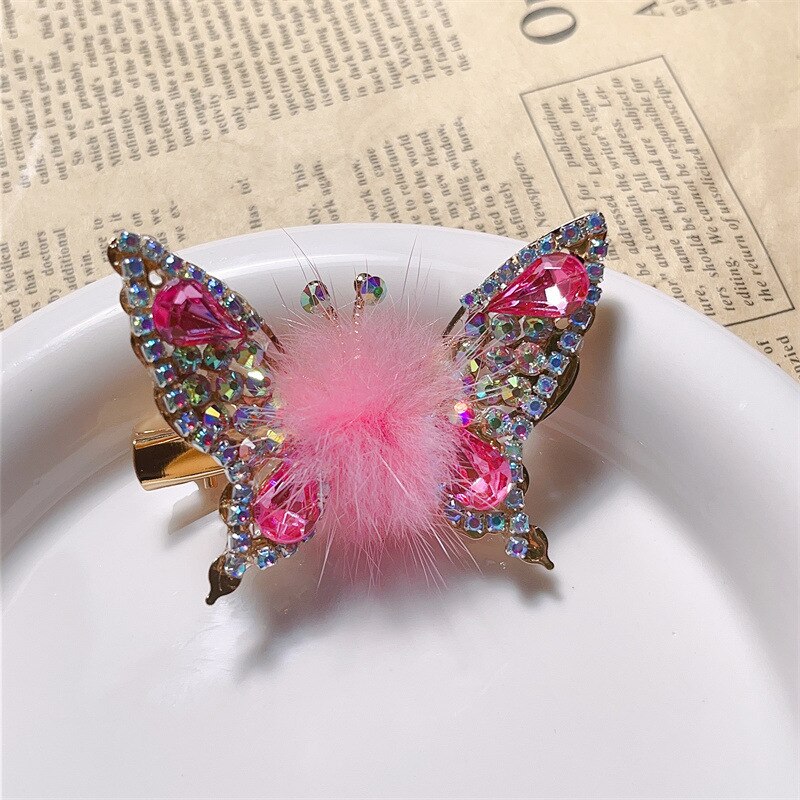 Fashion 3D Butterfly Faux Fur Hair Clips Flying Shiny Rhinestone Hairpin Barrettes for Women GirlsPonytail Holder Hairpins