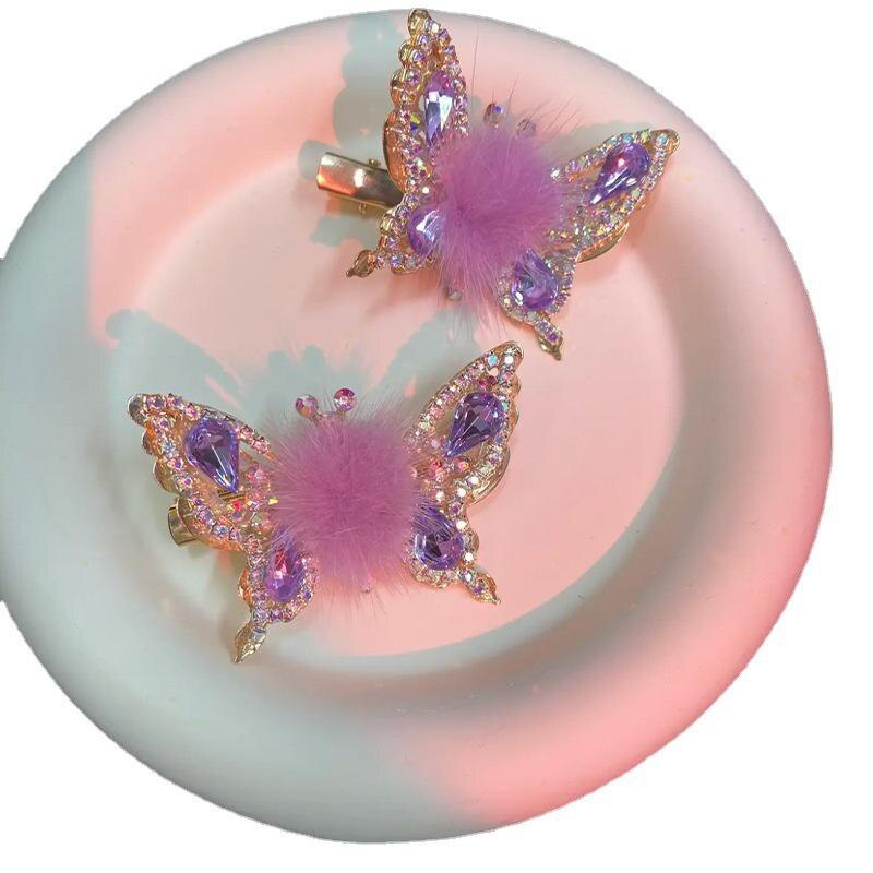 Fashion 3D Butterfly Faux Fur Hair Clips Flying Shiny Rhinestone Hairpin Barrettes for Women GirlsPonytail Holder Hairpins