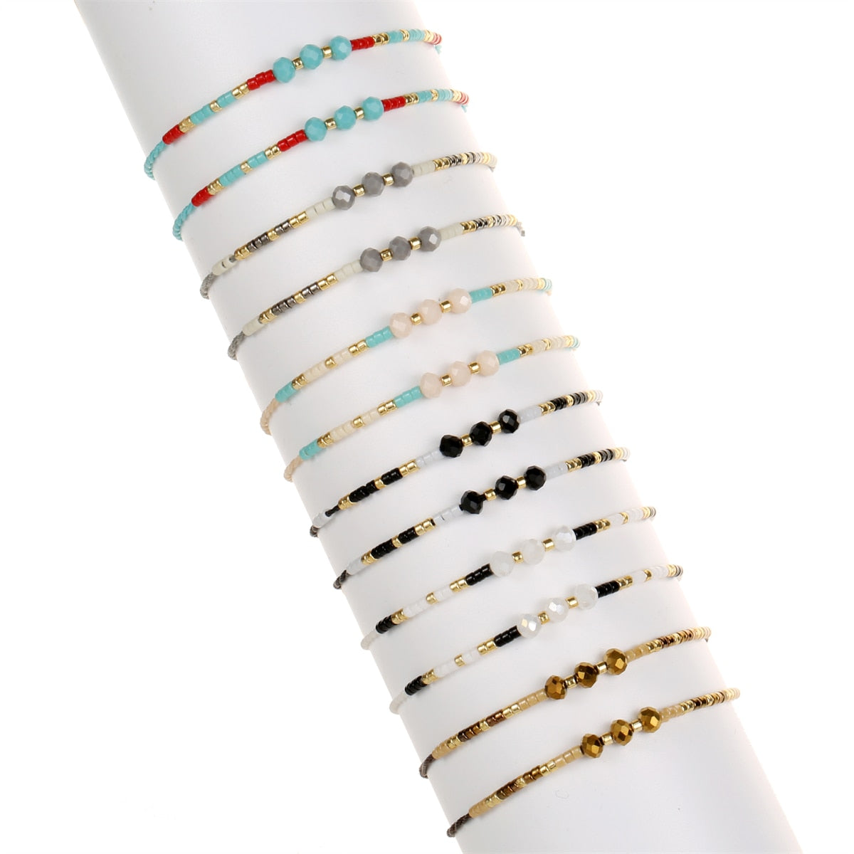 12Pcs Faceted Crystal Seeds Beaded Pearl Braceles Anklets Adjustable Braided Wax Rope Chain Wristband Cuff Boho Jewelry