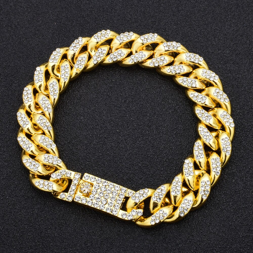 Hip Hop Men Women Gold Silver Color Rhinestone Bracelet Bangles Resin Miami Cuban Link Chain Bracelets Wristband Punk Jewelry