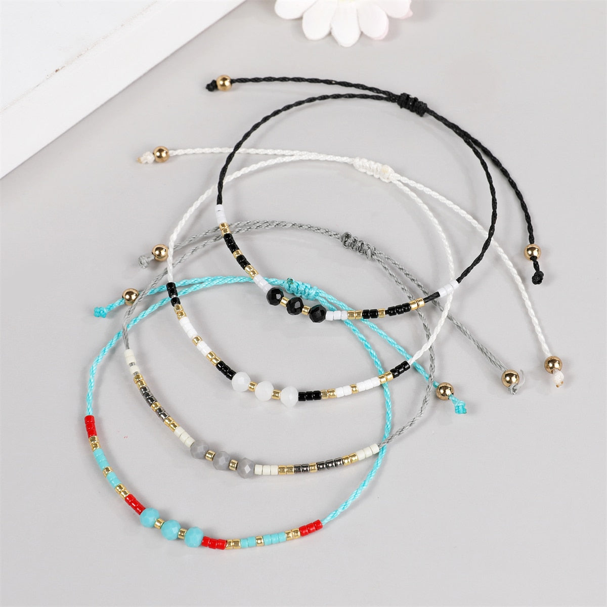 12Pcs Faceted Crystal Seeds Beaded Pearl Braceles Anklets Adjustable Braided Wax Rope Chain Wristband Cuff Boho Jewelry