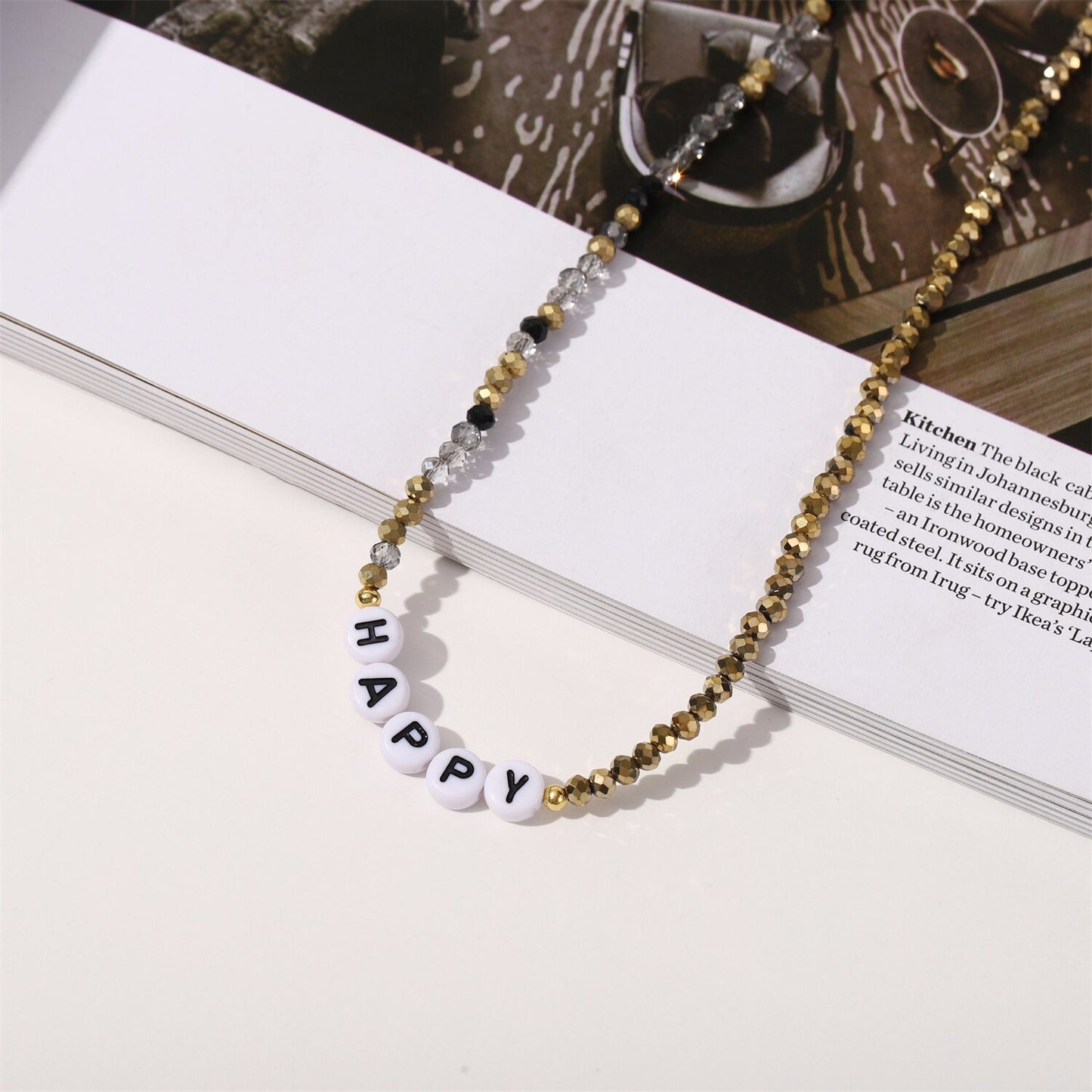 Fashion Crystal Beads Letter HAPPY Necklace for Women Simple Alphabet Beaded Chokers Jewelry Accessories