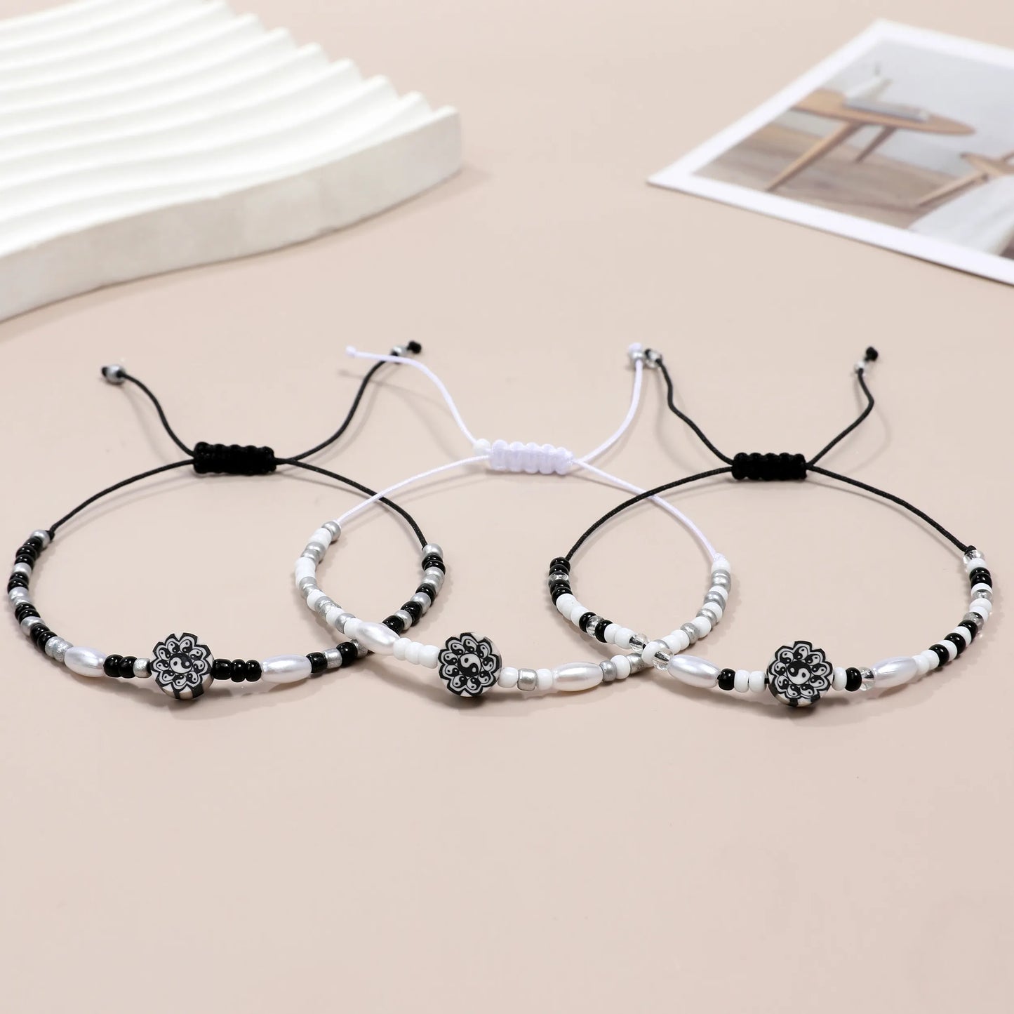 12pcs Crystal Beaded Yin and Yang Tai Chi Pendant Flowers Bracelet for Men Women Adjustable Couple Bracelets Anklets