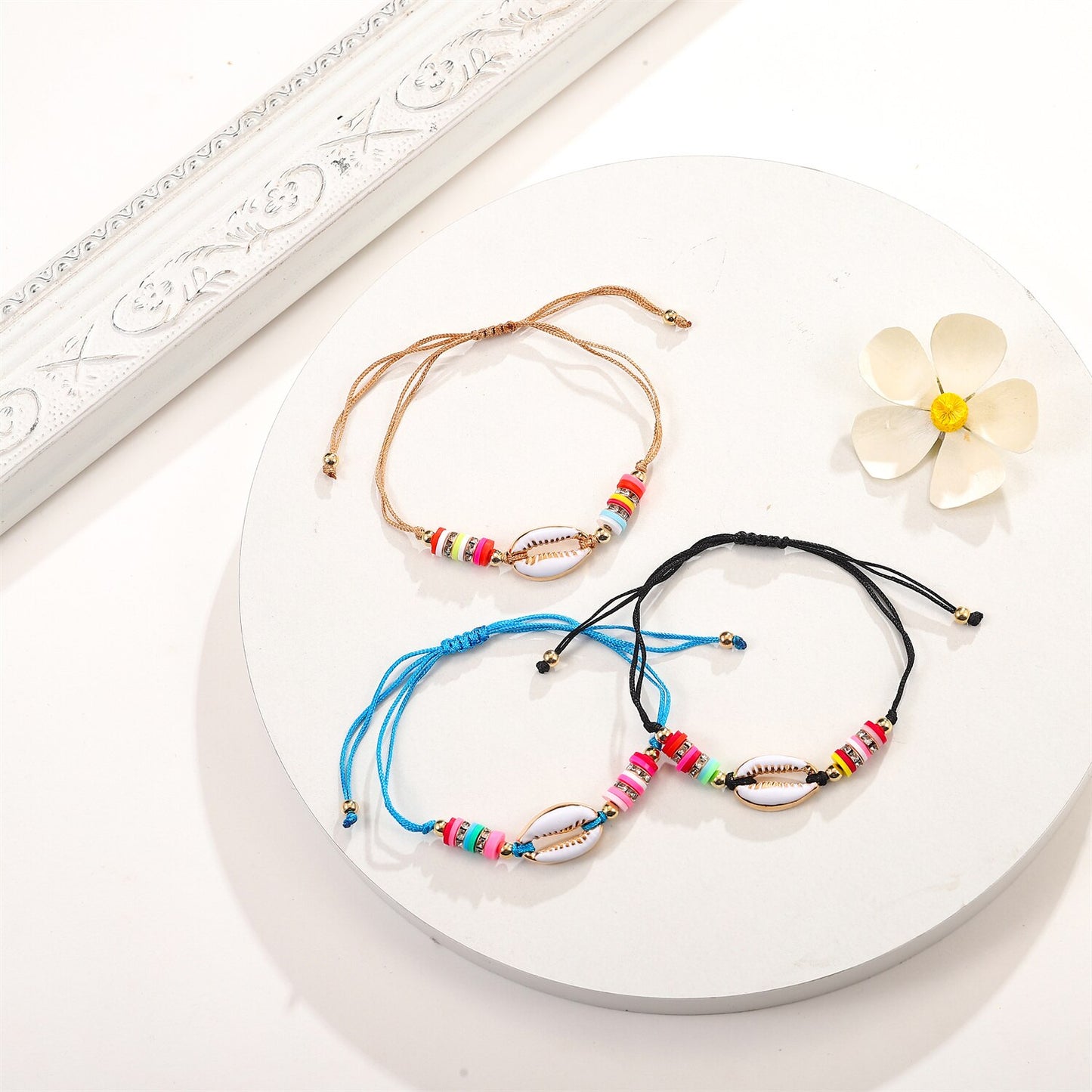 Boho 12pcs Polymer Clay Shell Charms Braided Charms Bracelets for Women Men Adjustable Rope Chain Anklets Beach Handmade Jewelry