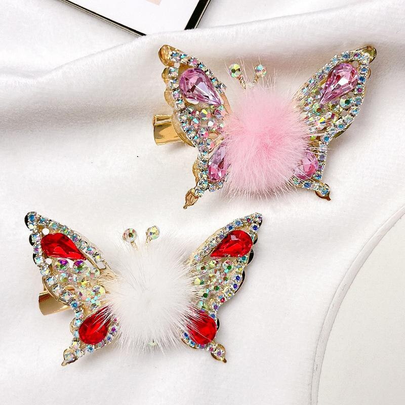 Fashion 3D Butterfly Faux Fur Hair Clips Flying Shiny Rhinestone Hairpin Barrettes for Women GirlsPonytail Holder Hairpins