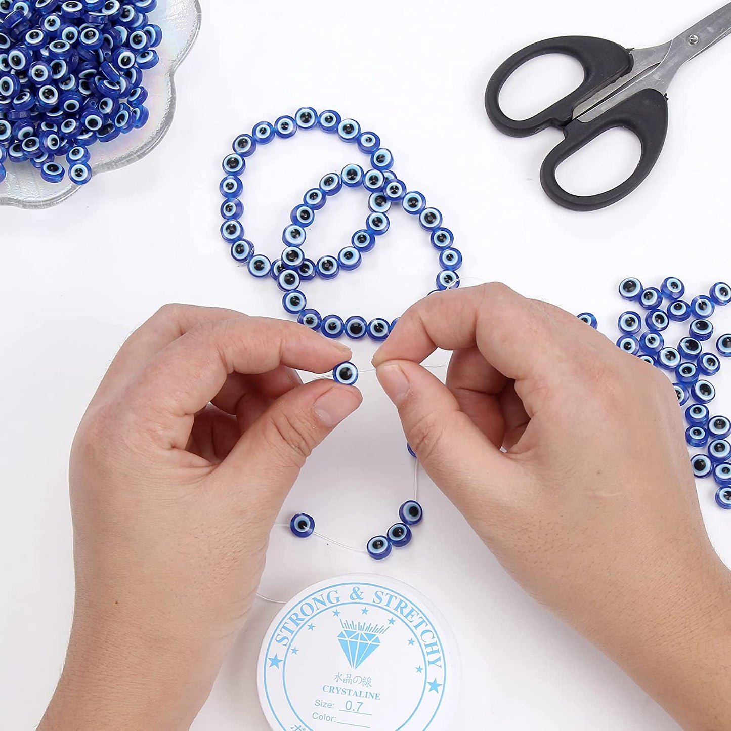 100pcs Evil Eye Beads Royal Blue Resin Lampwork Evil Eye 8MM Beads with Elastic Rope for DIY Crafts Making Accessories