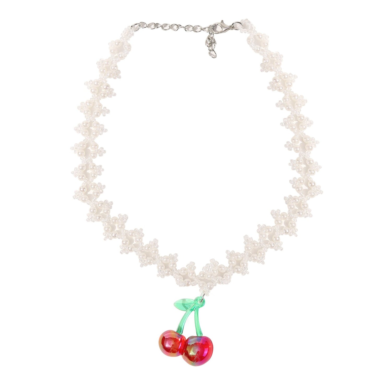 Fashion Red Cherry Strawberry Pendant Pearl Chain Women's Necklace Choker Charm Metal Sweater Chain Women Resin Jewelry Gift