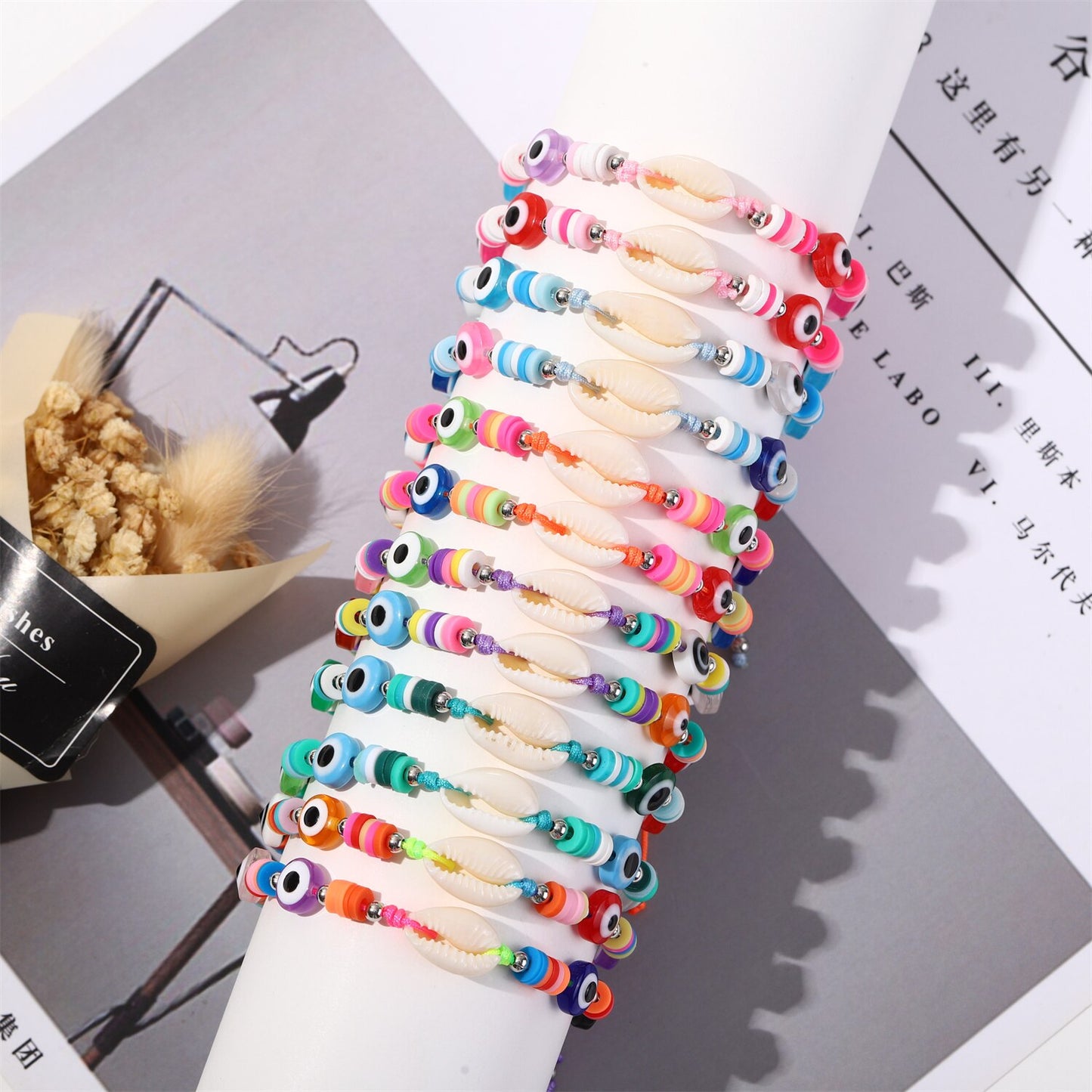 12 Pcs Beach Shell Evil Eye Beads Bracelet Anklet Set Women Summer Handmade Ankle Adjustable Clay Bracelets Wholesale