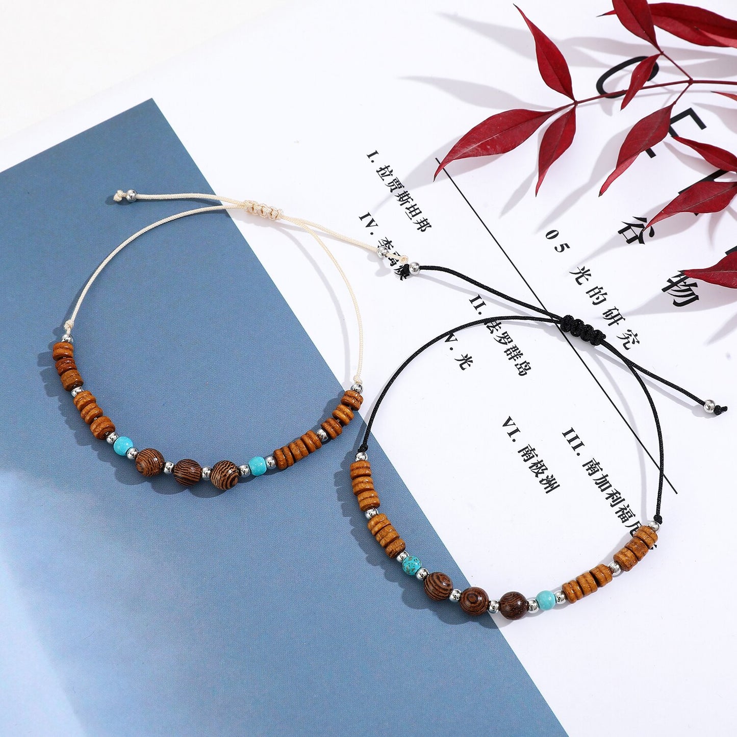 12 Pieces Round Wood Bead Charms Braided Bracelet for Women Child Adjustable Rope Chain Beads Anklet Jewelry Wholesale