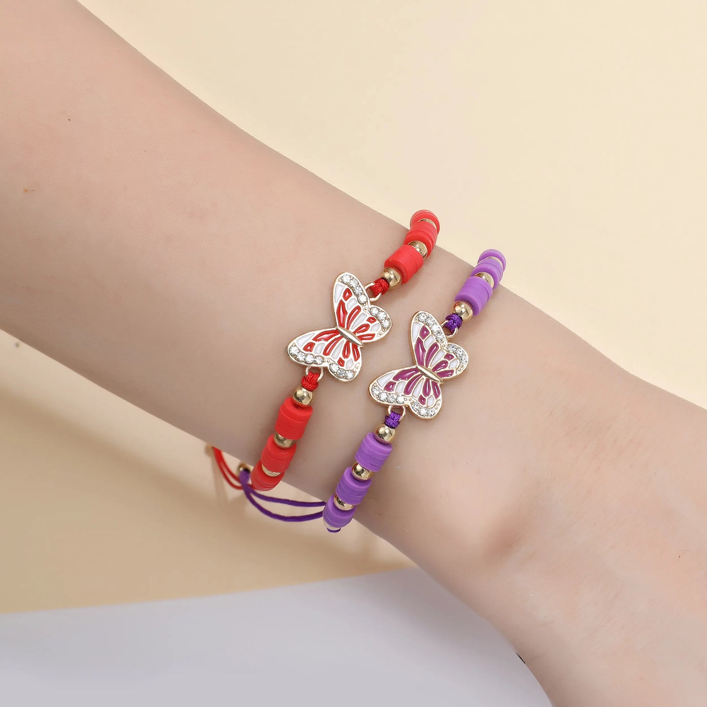 12pcs/lot Butterfly Pendant Braided Bracelets for Women Animal Colored Polymer Clay Adjustable Woven Rope Bohemia Jewelry