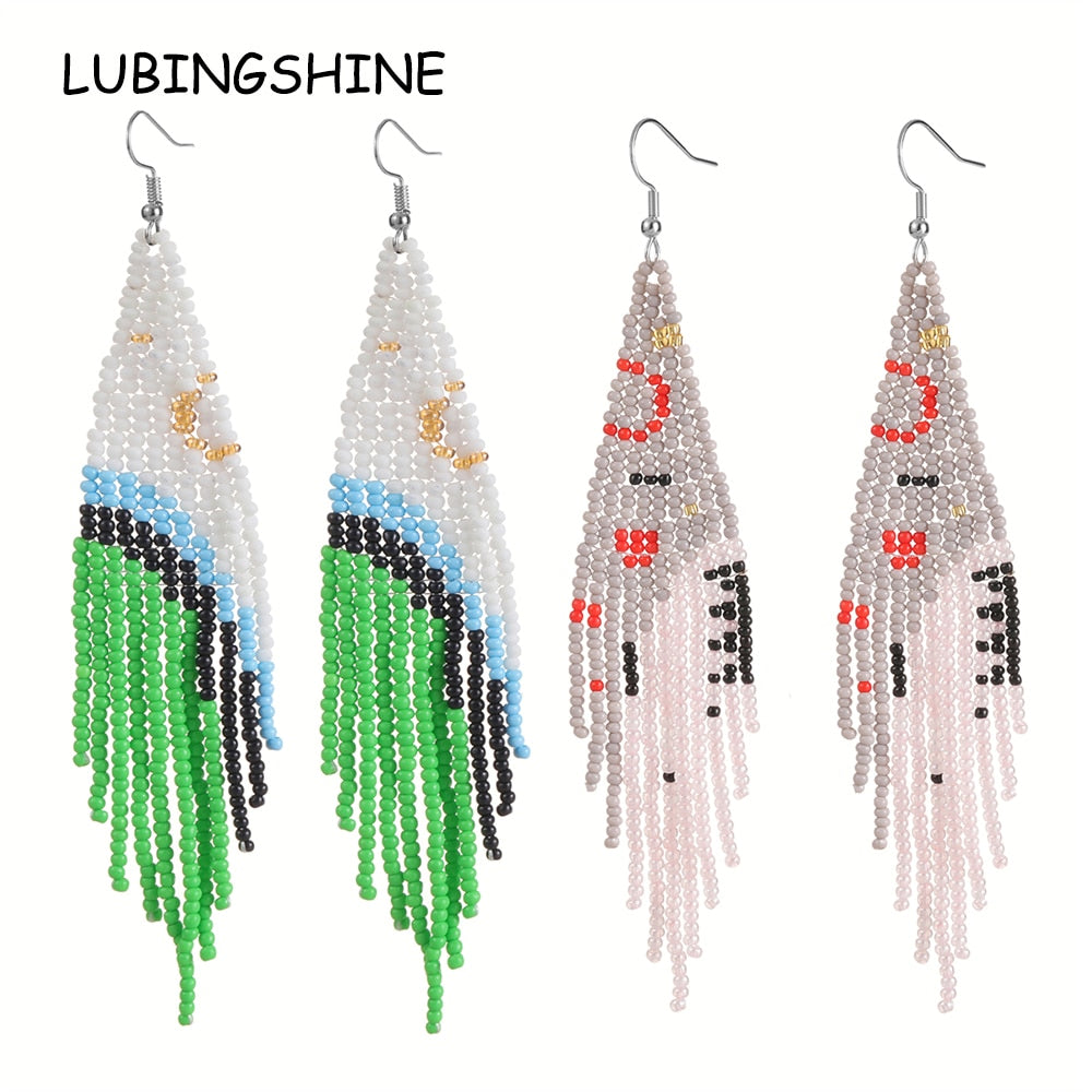 Bohemian Handmade Beaded Long Earrings for Women Seed Bead Statement Elastic Bangle Ethnic Jewelry