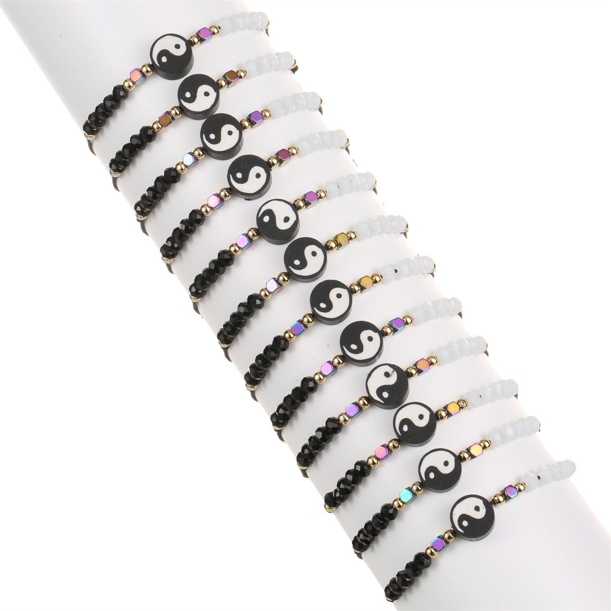 12pcs/lot Yin and Yang Tai Chi Clay Pendant Black/White Adjustable Wax Cord Beads Men Women Couple Bracelet Anklet Gift