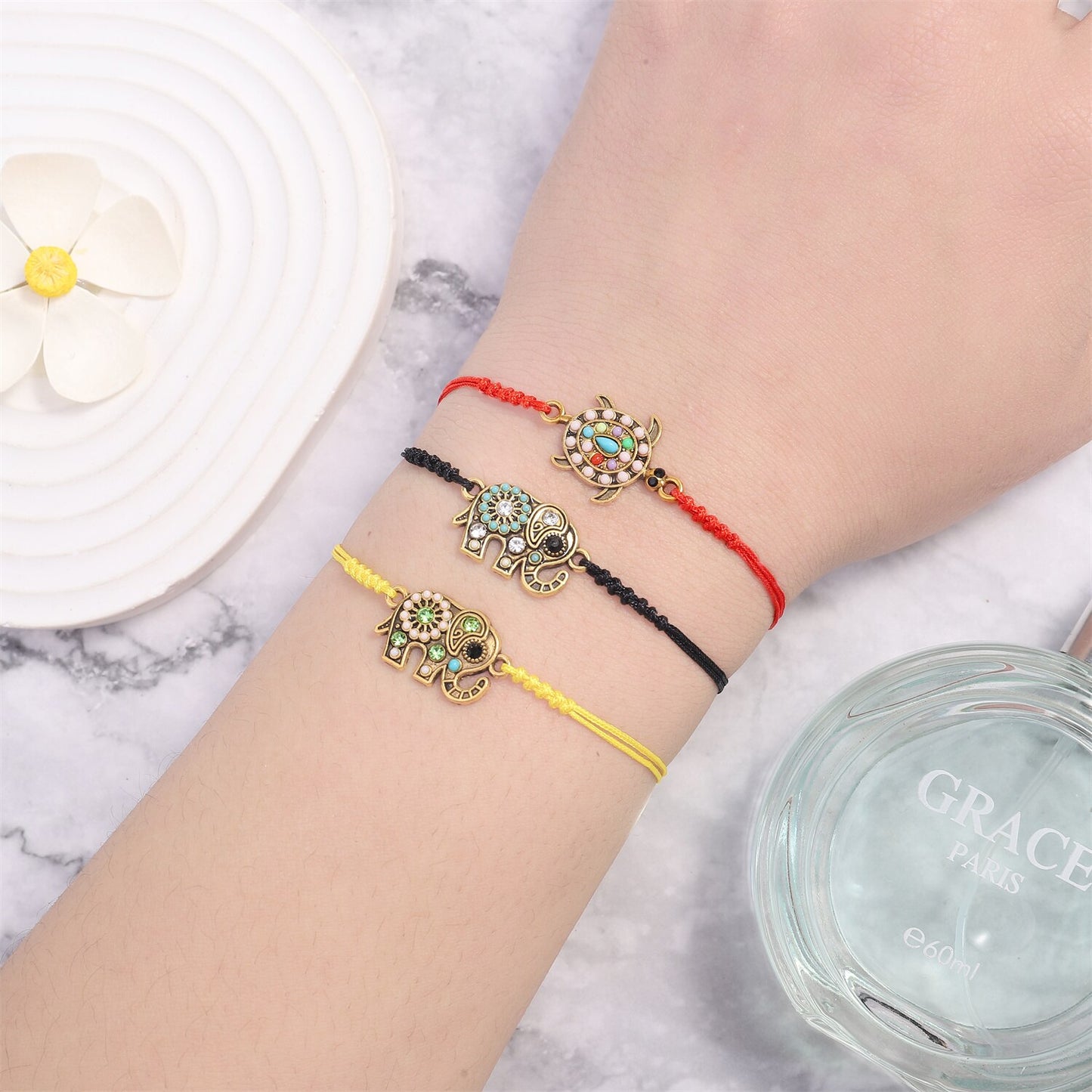 12 Pieces Tortoise Elephant Charms Bracelet Adjustable Braided Rope Chain Animal Bracelets for Women Men Birthday Gift Wholesale