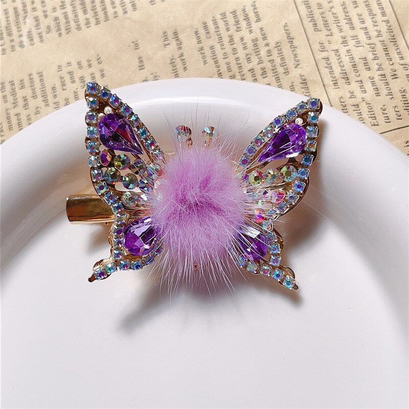 Fashion 3D Butterfly Faux Fur Hair Clips Flying Shiny Rhinestone Hairpin Barrettes for Women GirlsPonytail Holder Hairpins