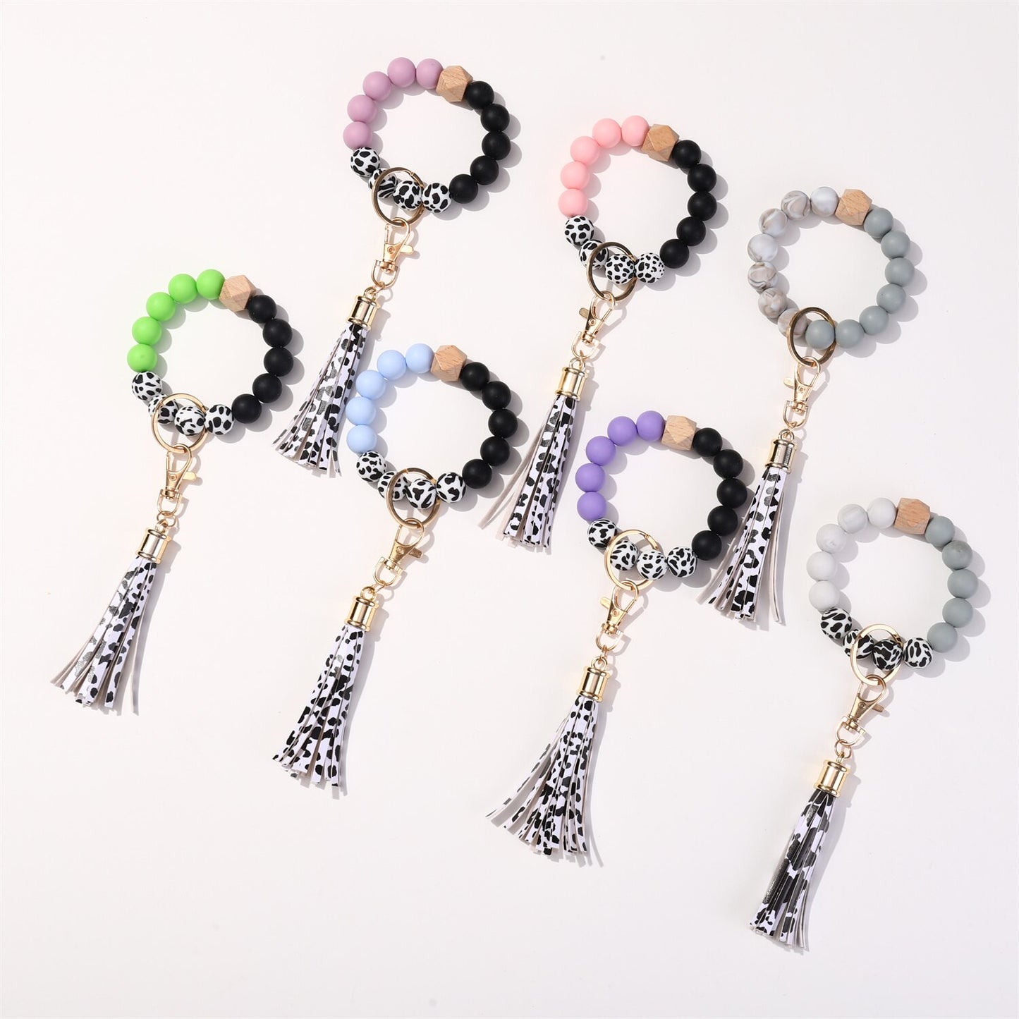 Trendy Silicone Beads Bracelets Bangles with Key Chain Candy Color Large Wristband Cuffs Beaded Bangle for Women
