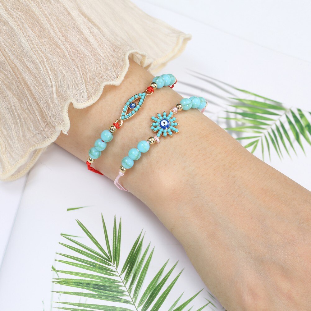 12pcs Boho Bracelets Sets Owl Charm Bangles Blue Stone Evil Eye Beads Adjustable Bracelet Women Fashion Jewelry