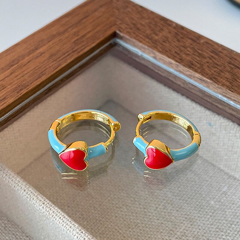 Trendy Colorful Drip Enamel Heart Hoop Earrings for Women Minimalist Symmetry Jewelry Engagement Studs Earrings 2023 New