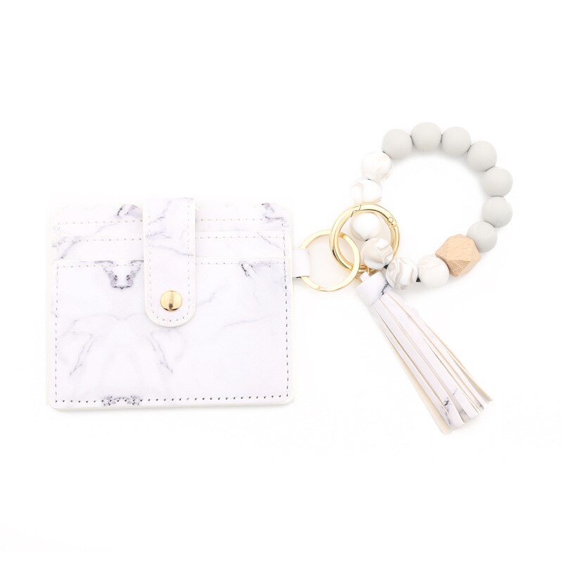 Fashion Silicone Beads Tassel Bracelet Wristlet Bangle with Wallet Key Card Holder Large Round Keyring for Women Handbag