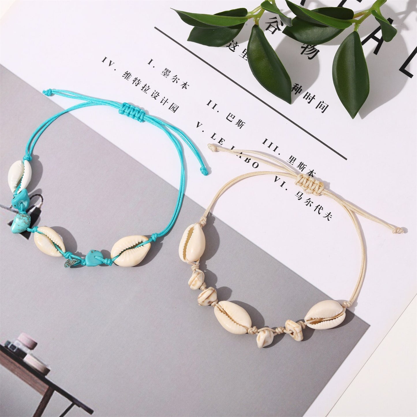 12Pcs/Lot Beach Shell Natural Stone Bracelets Anklets Set for Women Girls Summer Handmade Ankle Adjustable Turquoise Bracelet