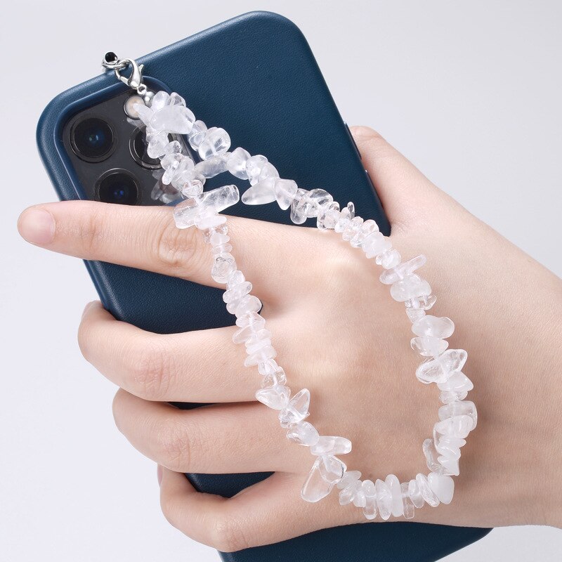 Colored Natural Stone Crushed Quartz Stone Chain Mobile Phone Chain Anti-lost Handmade Acrylic Cord Lanyard for Women Girls