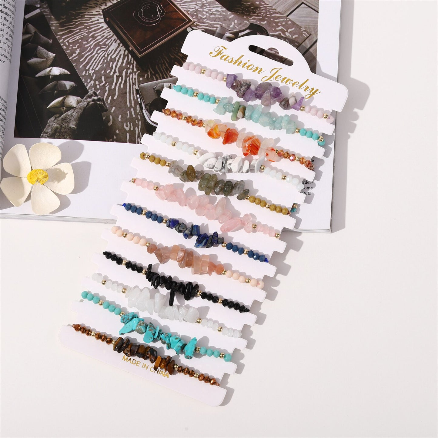 12pcs/lot Natural Stone 7 Chakra Bracelets for Women Reiki Healing Crystal Bracelet Tiger Eye Lapis Lazuli Chip Gravel Jewelry