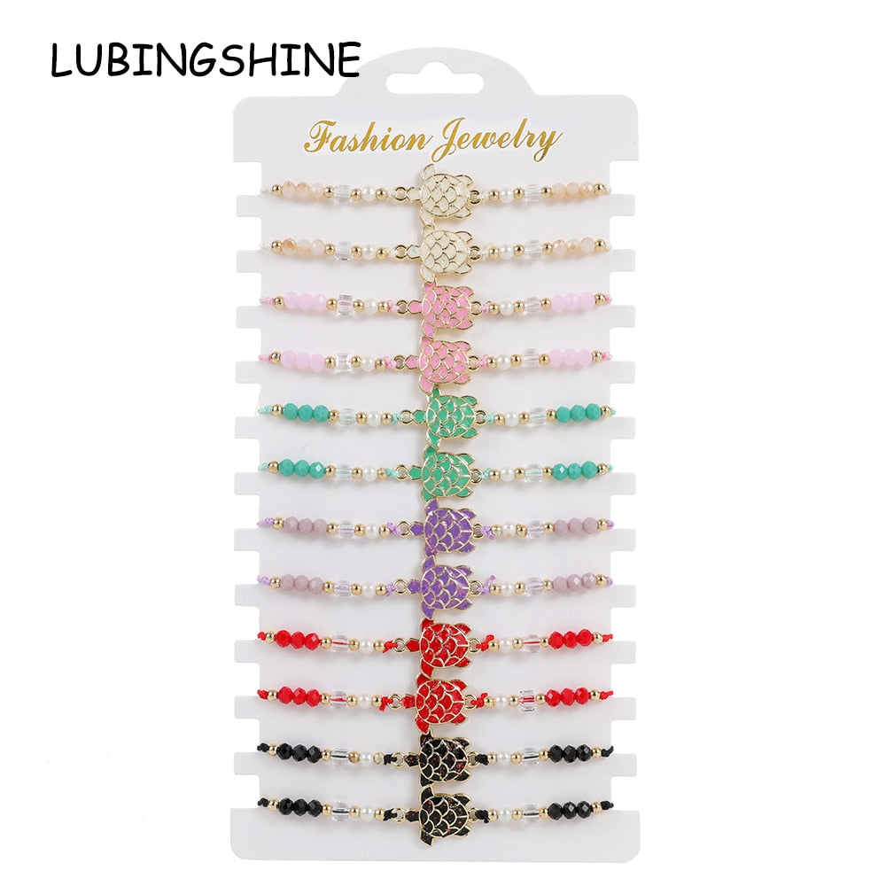 12pcs Bohemian Crystal Beaded Turtle Charms Bracelet Adjustable Rope Chain Bracelet for Women Girls Cuff Jewelry