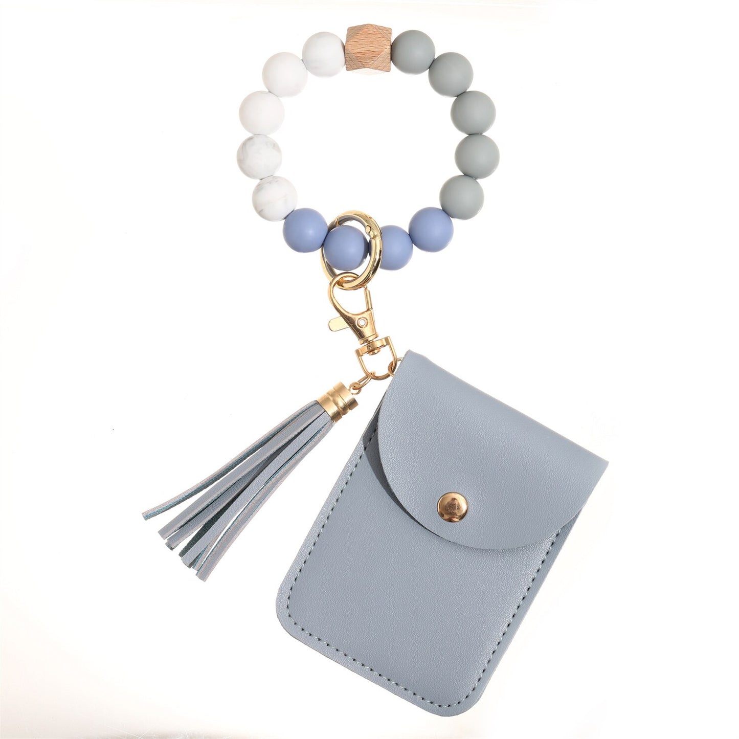 2023 New Silicone Beads Tassel Bracelet Wristlet Bangle with Wallet Key Card Holder Large Round Keyring for Women Handbag