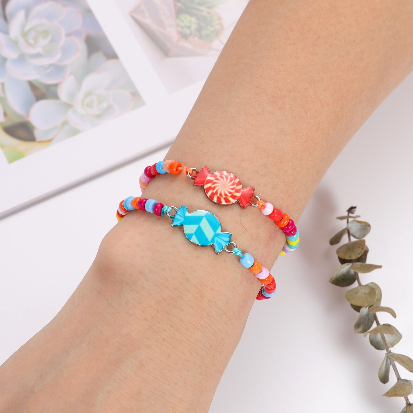 12 Pcs Colorful Cute Candy Charm Bracelet for Girl Kids Handmade Rice Bead Braided Chain Friendship BFF Gifts