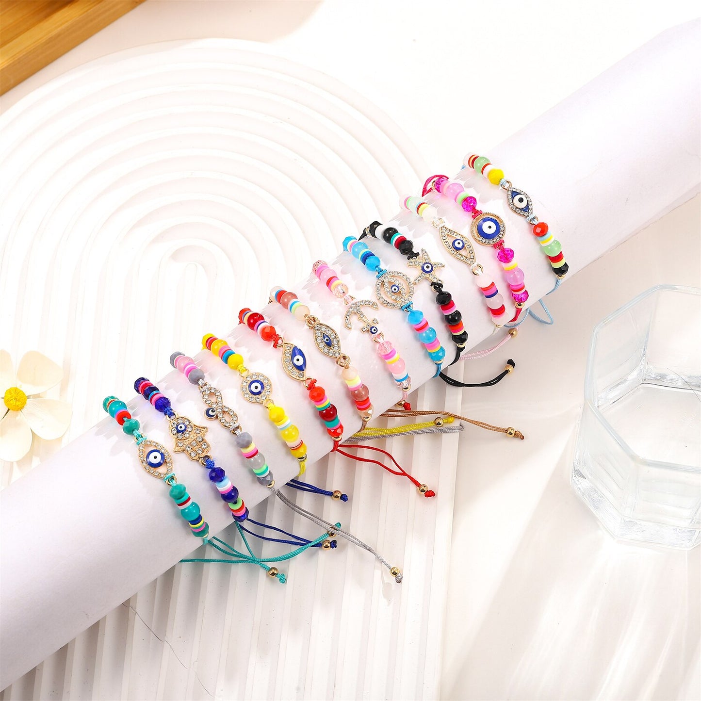 12pcs Evil Eye Starfish Star Pendant Braided Charms Bracelets for Women Adjustable Rope Chain Anklets Beach Handmade Jewelry