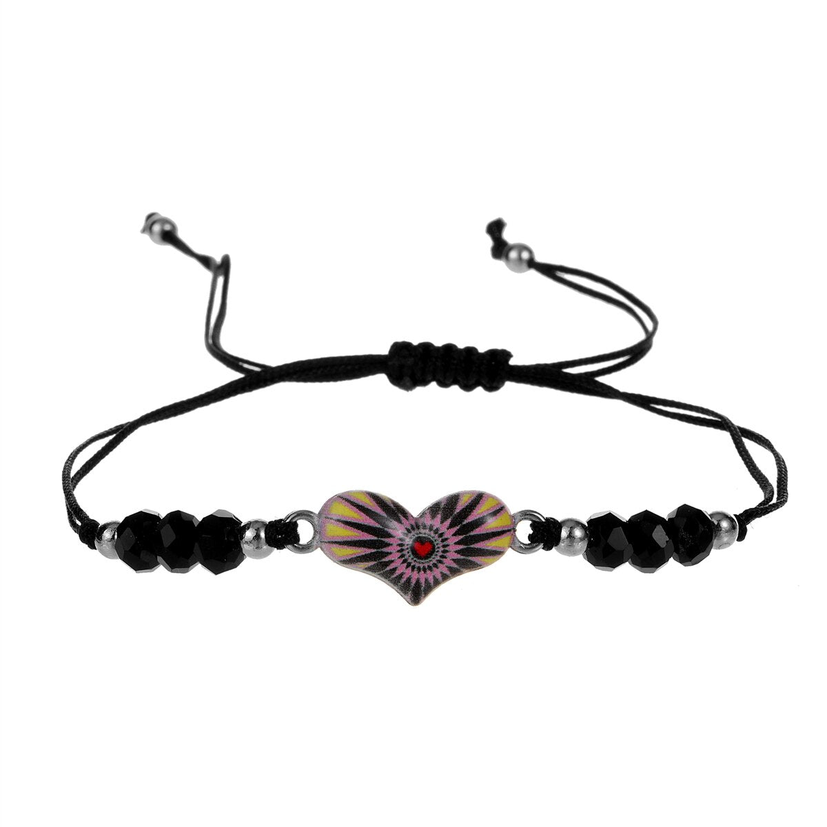 Enamel Charms Elastic Heart Pendant Bracelet for Women Adjustable Braided Rope Chain Crystal Bead Wristband Bracelet Jewelry
