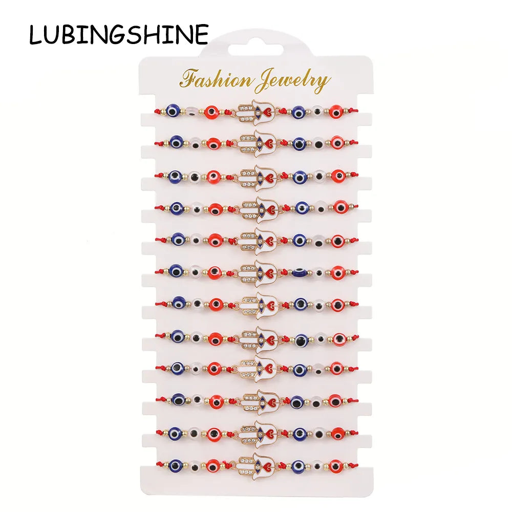 12pcs Evil Eye Fatima Hand Pendant Bracelet Turkish Beads Adjustable Fashion Small Fresh Handmade Women Jewelry Accessories