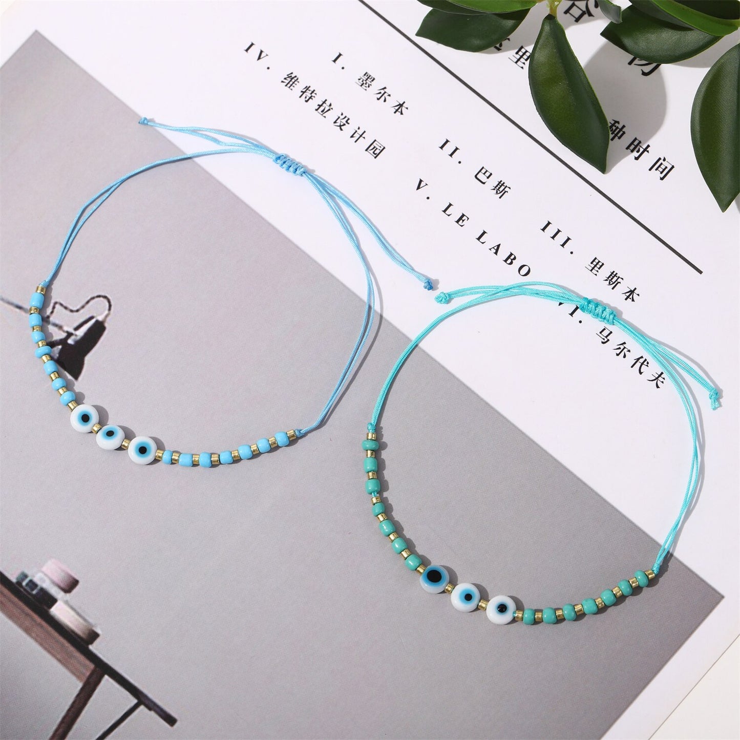 Boho 12pcs/lot Evil Eye Resin Beads Bracelet for Women Adjustable Woven Crystal Chain Summer Anklet Jewelry Wholesale