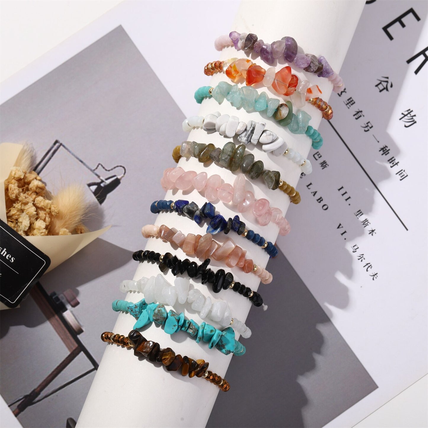 12pcs/lot Natural Stone 7 Chakra Bracelets for Women Reiki Healing Crystal Bracelet Tiger Eye Lapis Lazuli Chip Gravel Jewelry