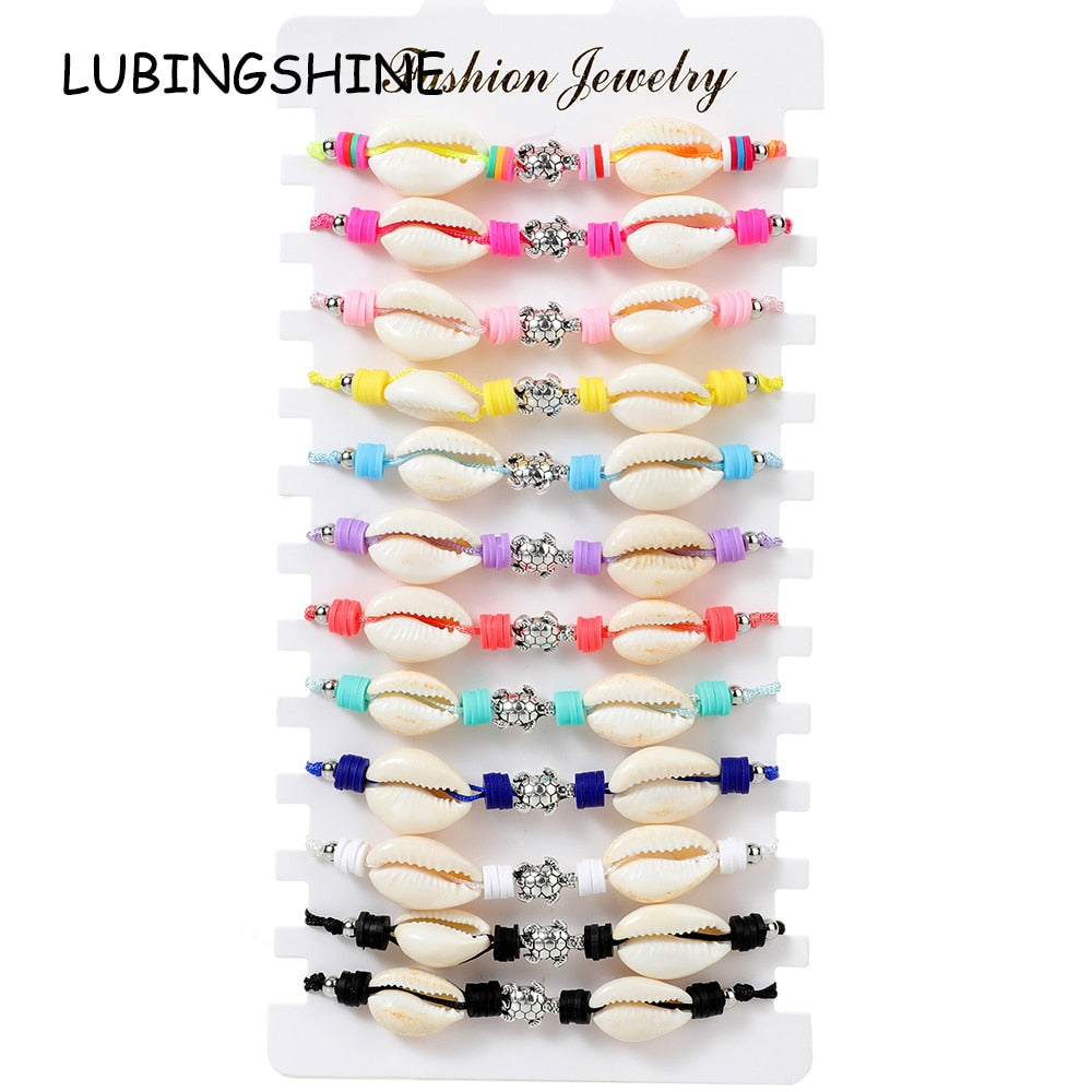 12pcs Soft Clay Beaded Bracelet Metal Tortoise Shell Charms Bracelets for Women Handmade Woven Rope Bracelets Anklet Wholesale