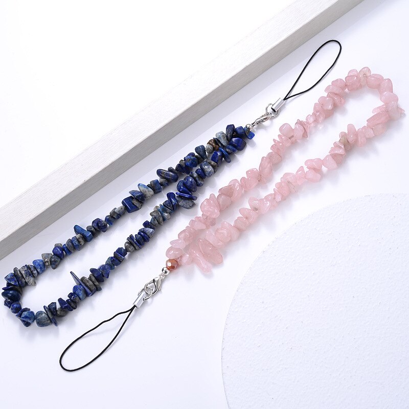Colored Natural Stone Crushed Quartz Stone Chain Mobile Phone Chain Anti-lost Handmade Acrylic Cord Lanyard for Women Girls