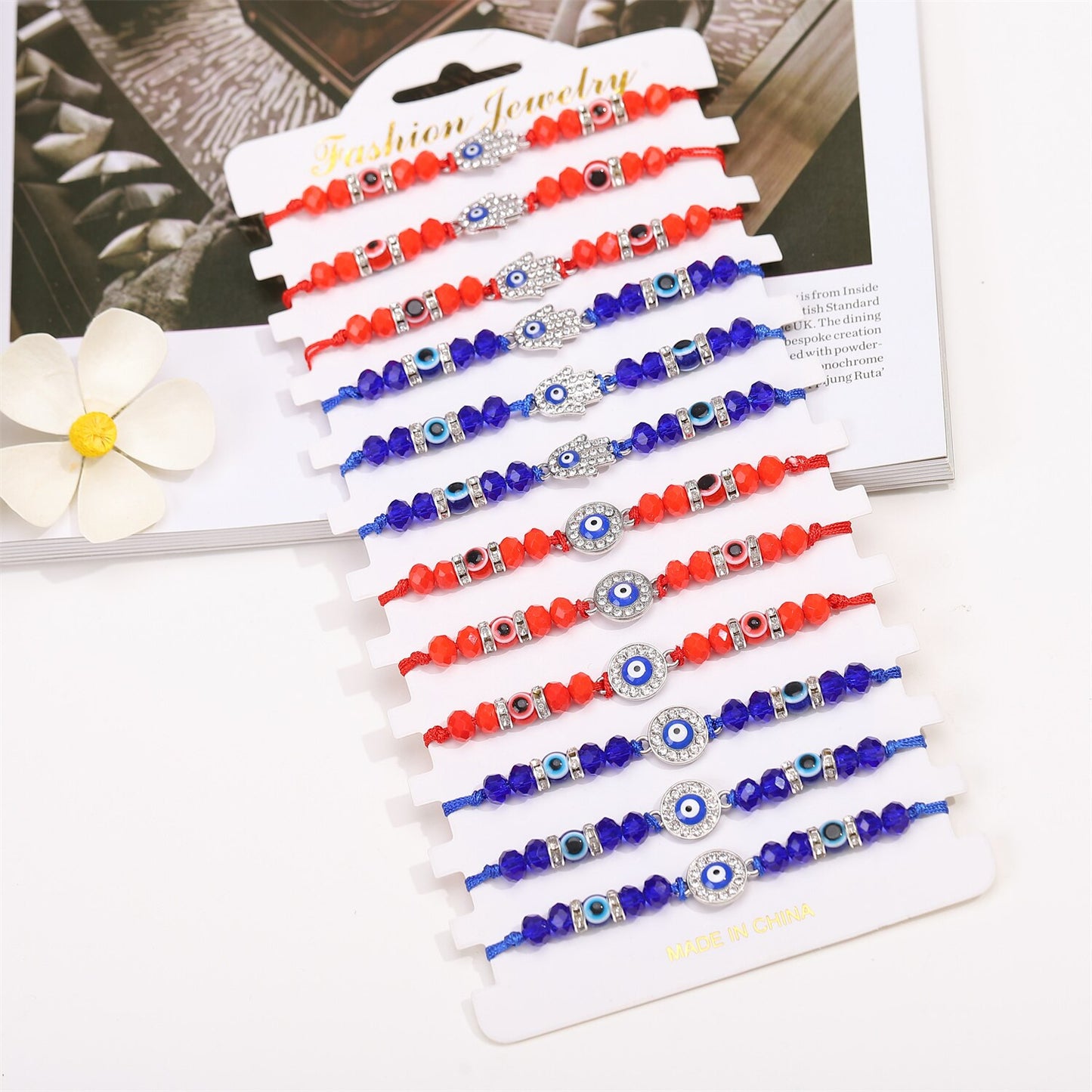 12pcs/lot Blue Evil Eye Crystal Beaded Charms Bracelets for Women Adjustable Beads Anklets Child Girl Wristband Cuff Jewelry