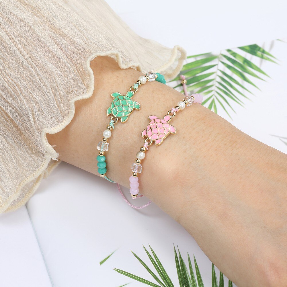12pcs Bohemian Crystal Beaded Turtle Charms Bracelet Adjustable Rope Chain Bracelet for Women Girls Cuff Jewelry