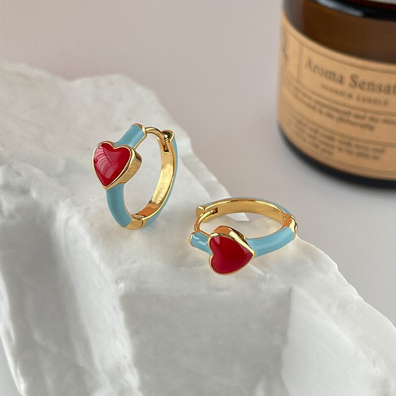 Trendy Colorful Drip Enamel Heart Hoop Earrings for Women Minimalist Symmetry Jewelry Engagement Studs Earrings 2023 New