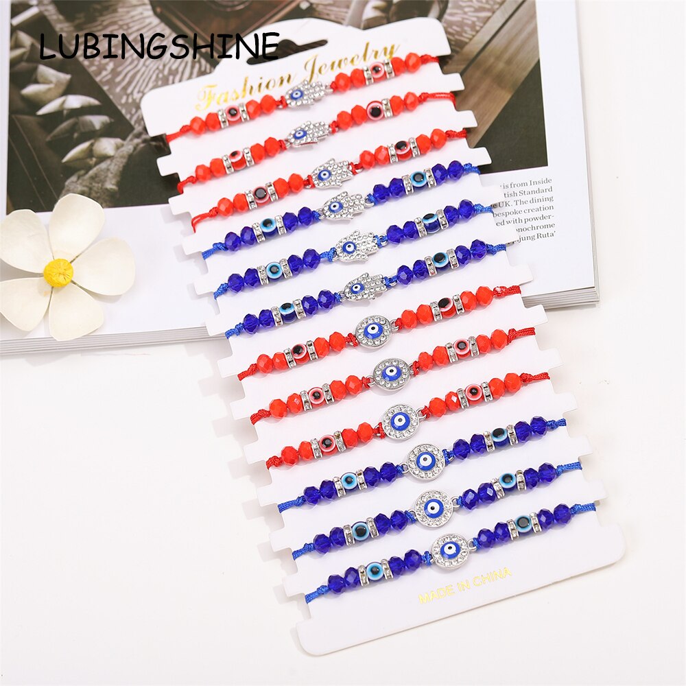 12pcs/lot Blue Evil Eye Crystal Beaded Charms Bracelets for Women Adjustable Beads Anklets Child Girl Wristband Cuff Jewelry