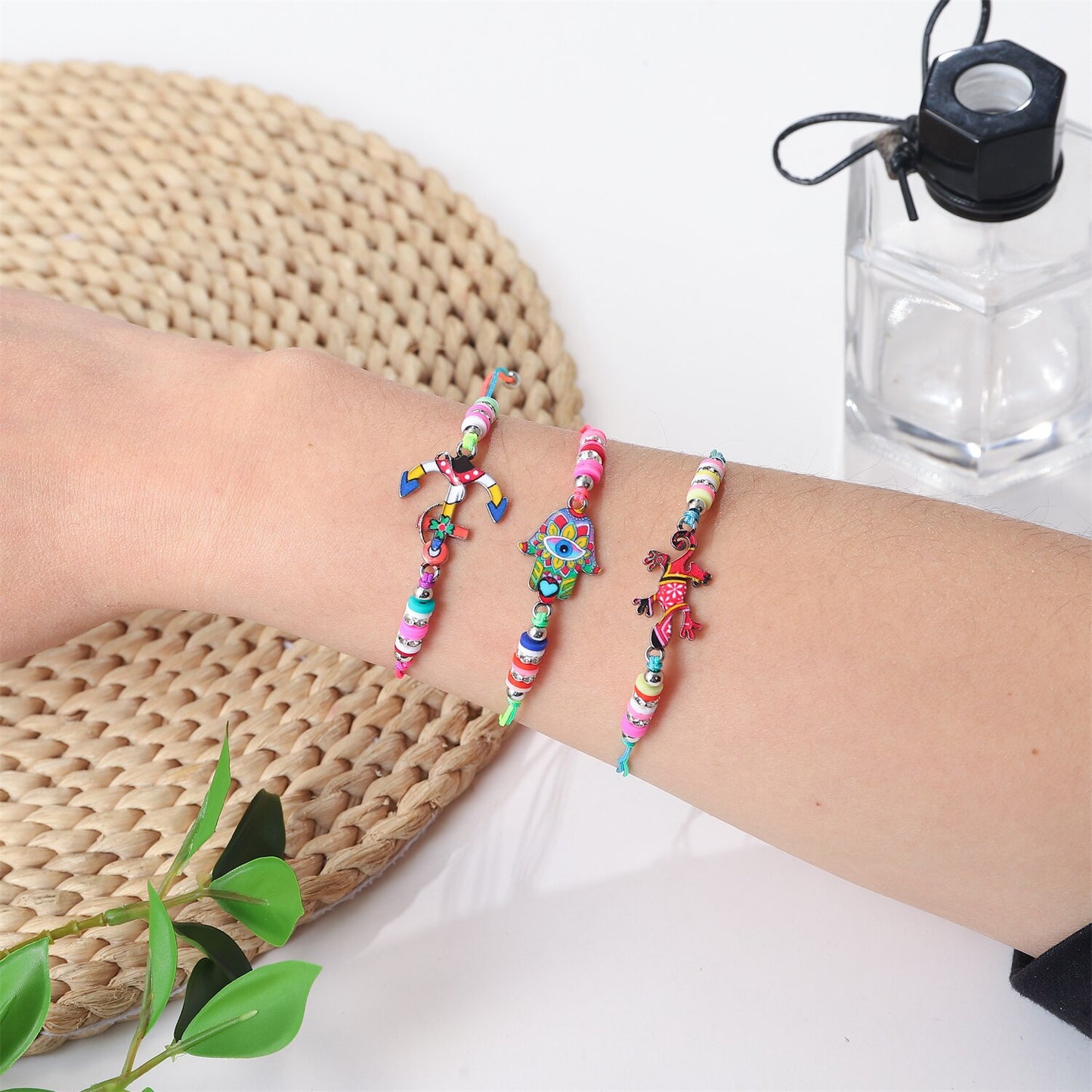 12pcs/lot Women Soft Clay Bead Whale Turtle Butterfly Animal Charms Yoga Bracelets Braided Adjustable Rope Chain Anklet Jewelry